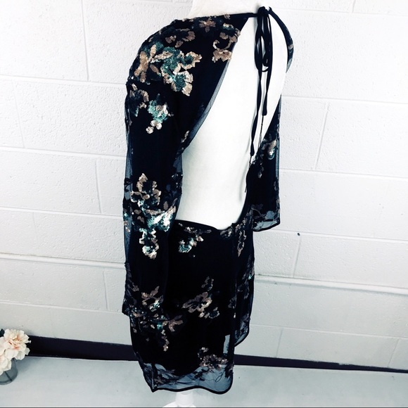 WYLDR Black floral sequin dress mini open back L - Picture 7 of 8